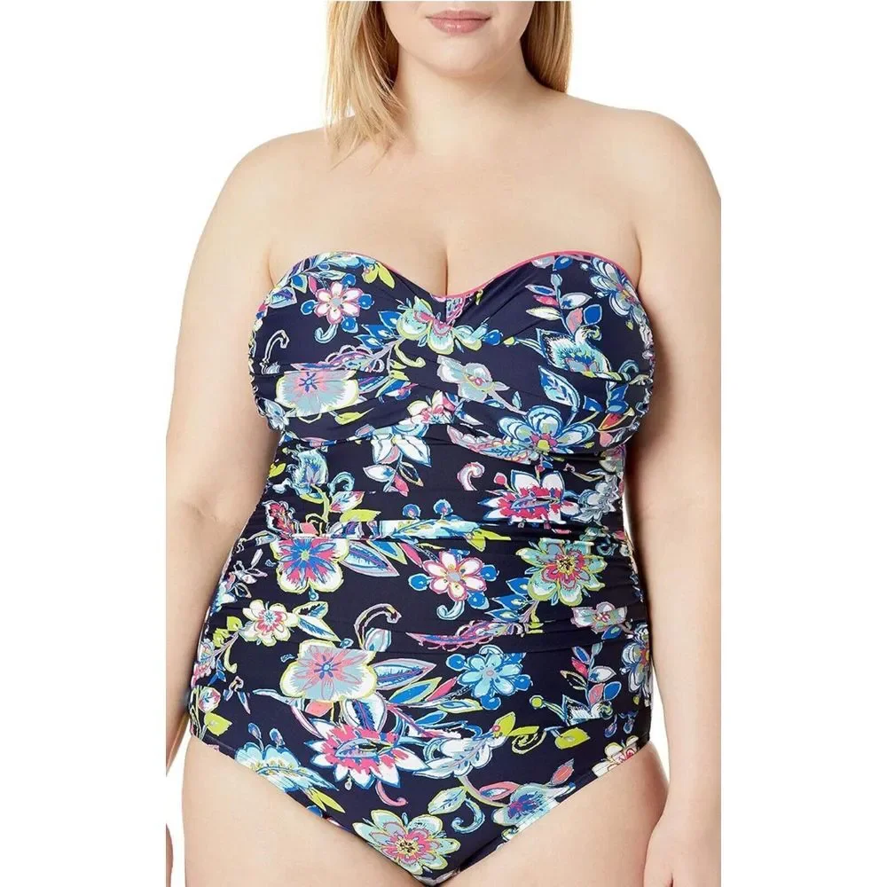 Anne Cole Twist Front 22W Bandeau Removable Straps 1PC Swimsuit Paisley Slimming